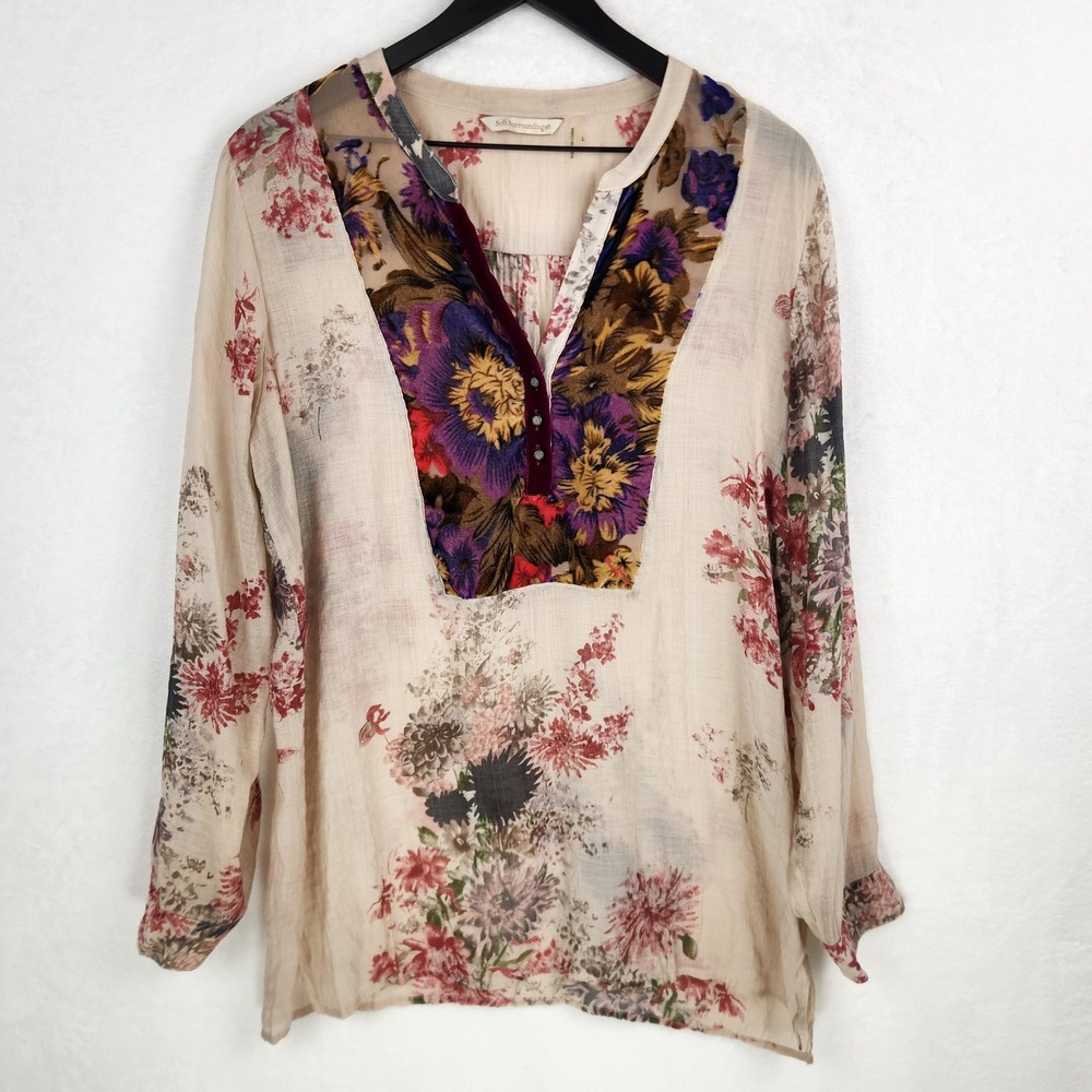 Soft Surroundings Shear Tunic Top Large Floral Velvet Trim Boho Romantic peasant